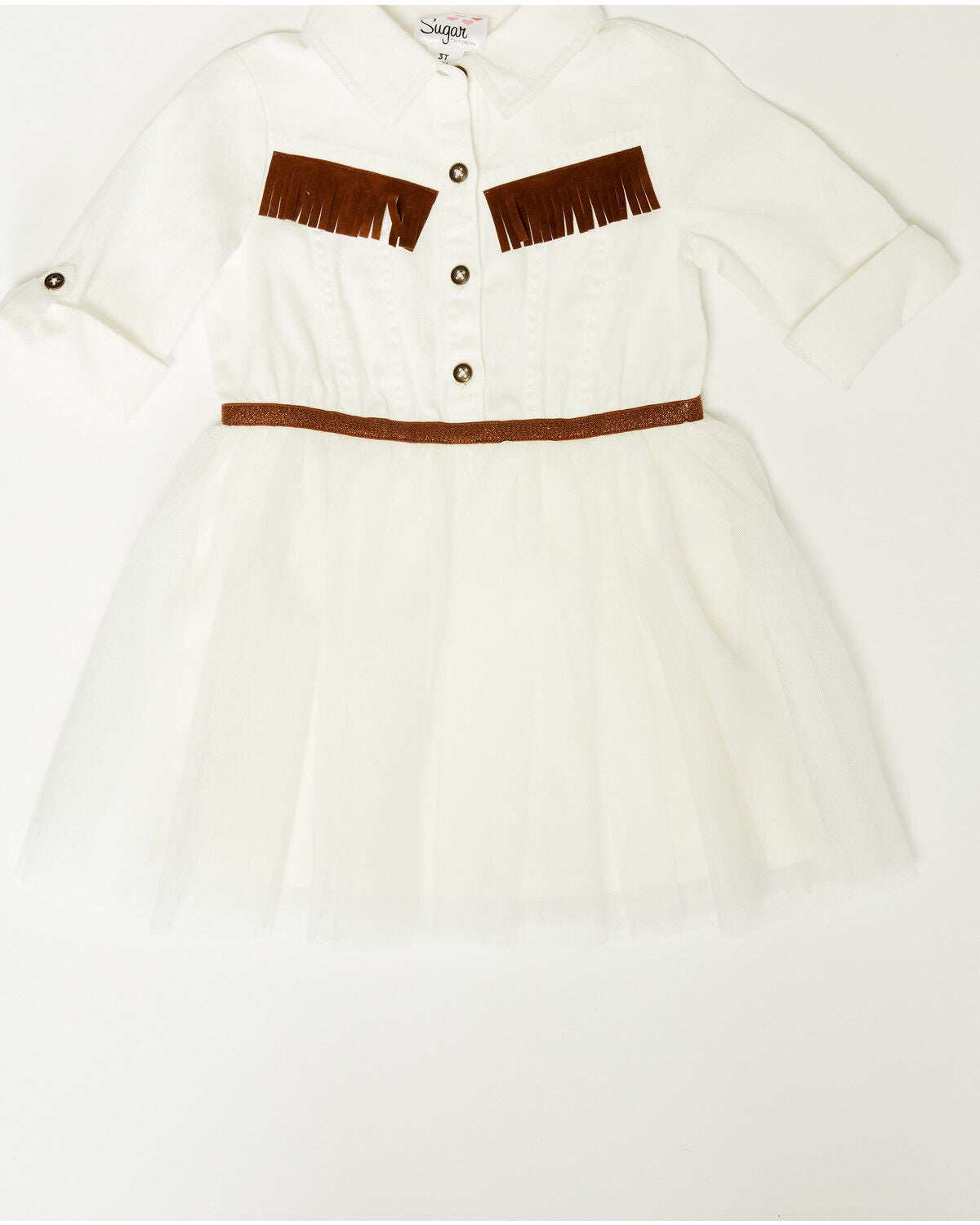 Sugar California Toddler Girls' Fringe Long Sleeve Button-Down Denim Tutu Dress, Ivory, hi-res
