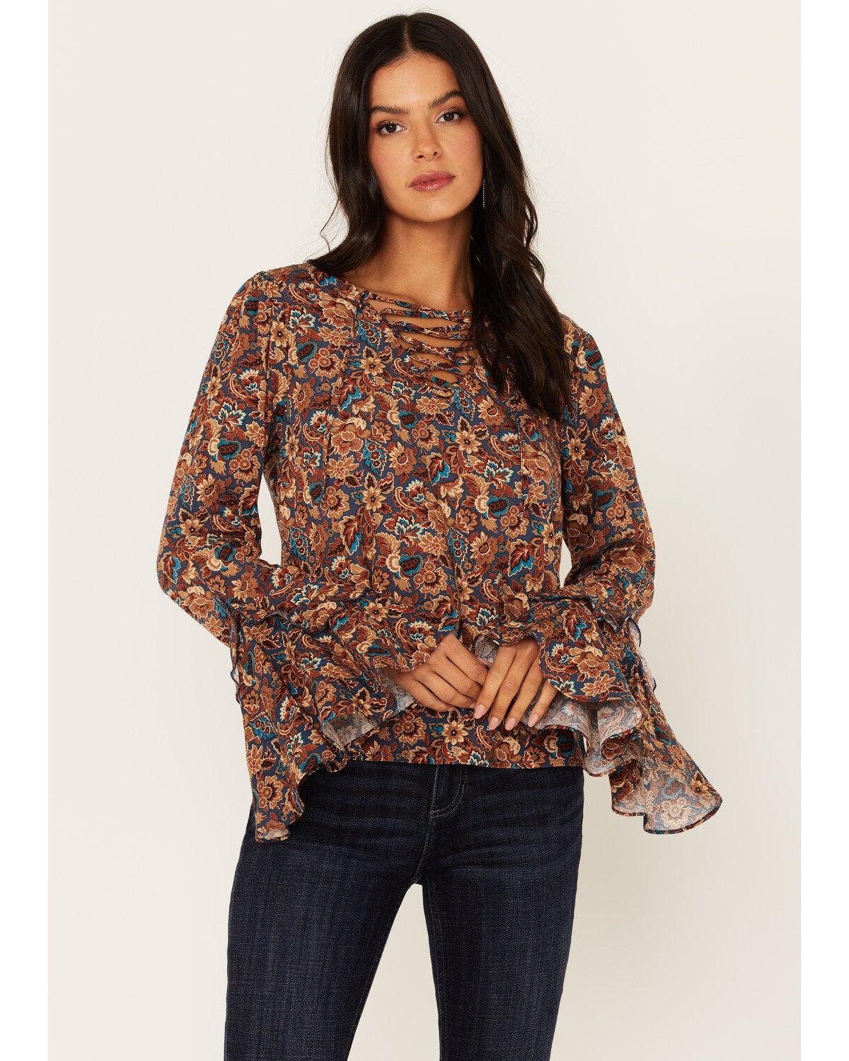Idyllwind Women's Rouge Paisley Print Lace-Up Top, Dark Blue, hi-res