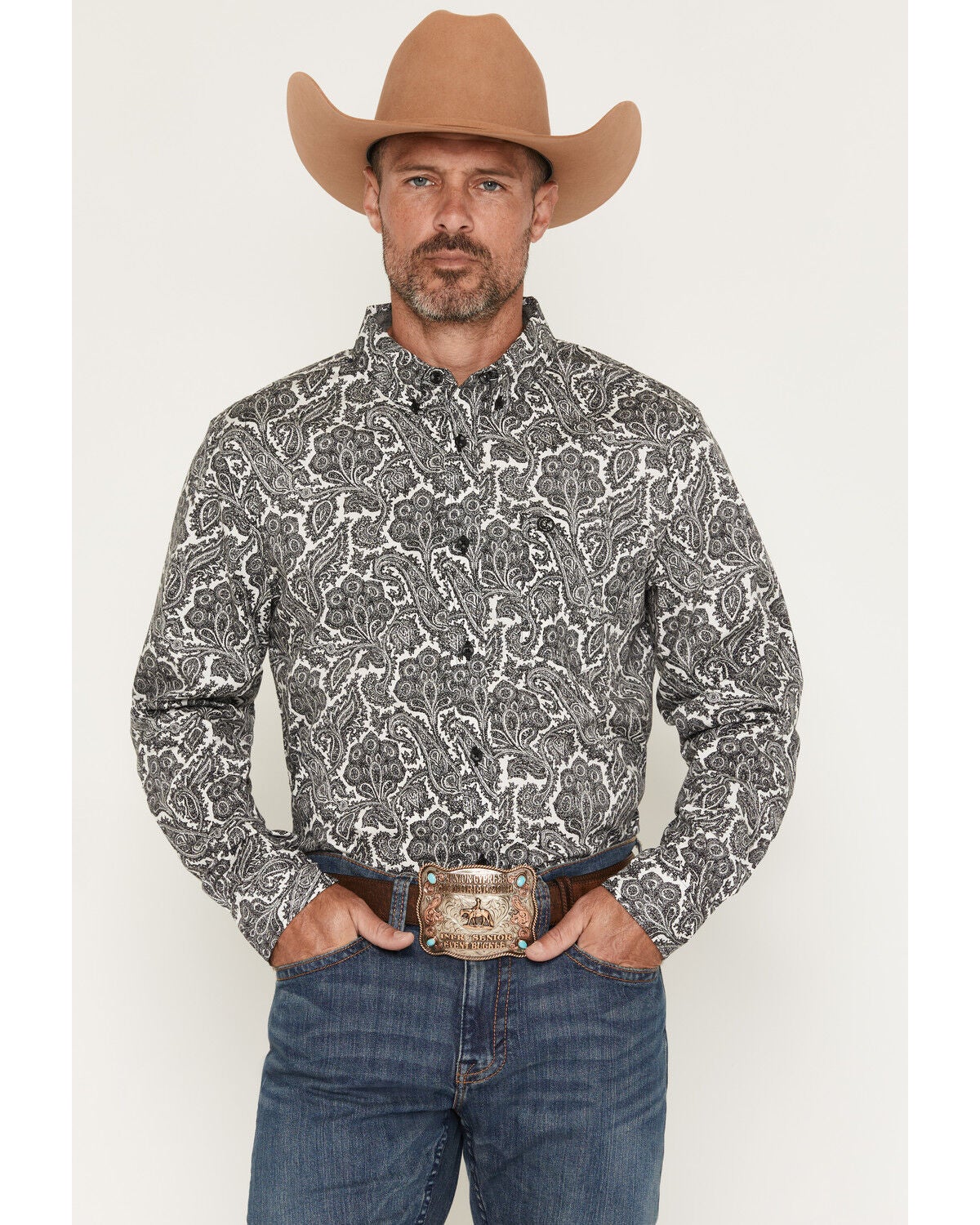 Cody James Men's Botanical Paisley Print Long Sleeve Button-Down Stretch Western Shirt - Tall, Black, hi-res
