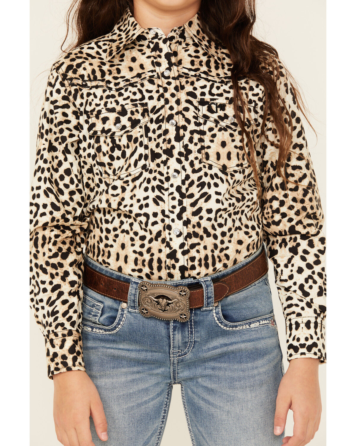 Image #3 - Cowgirl Hardware Girls' Leopard Print Long Sleeve Snap Western Shirt, , hi-res