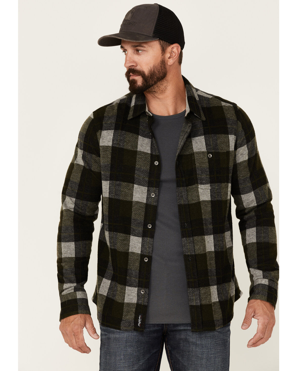 Image #1 - Flag & Anthem Men's Berks Plaid Textured Knit Long Sleeve Button-Down Western Shirt, Olive, hi-res