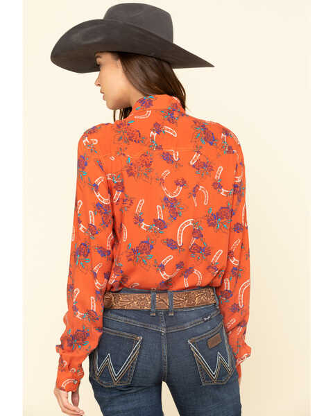 Image #2 - Cruel Girl Women's Rust Horseshoe Rose Print Long Sleeve Western Shirt , , hi-res