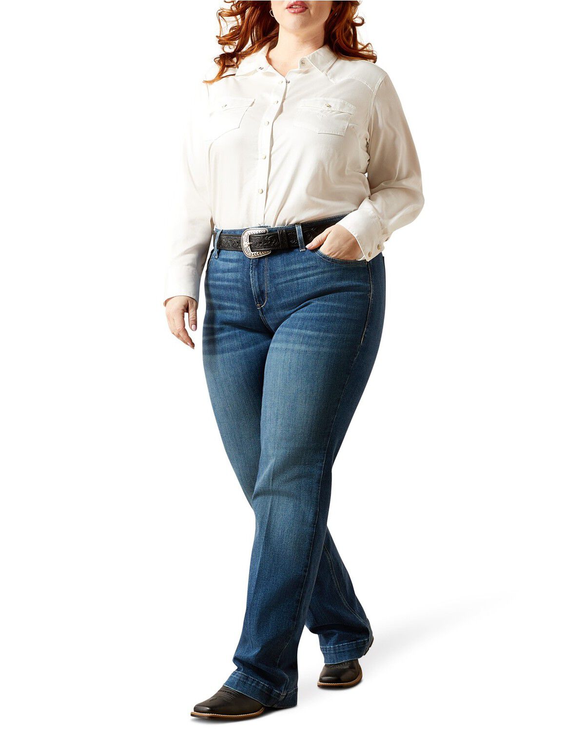 Ariat Women's Medium Wash Mid Rise Leslie Slim Trouser Stretch Denim Jeans - Plus, Medium Wash, hi-res