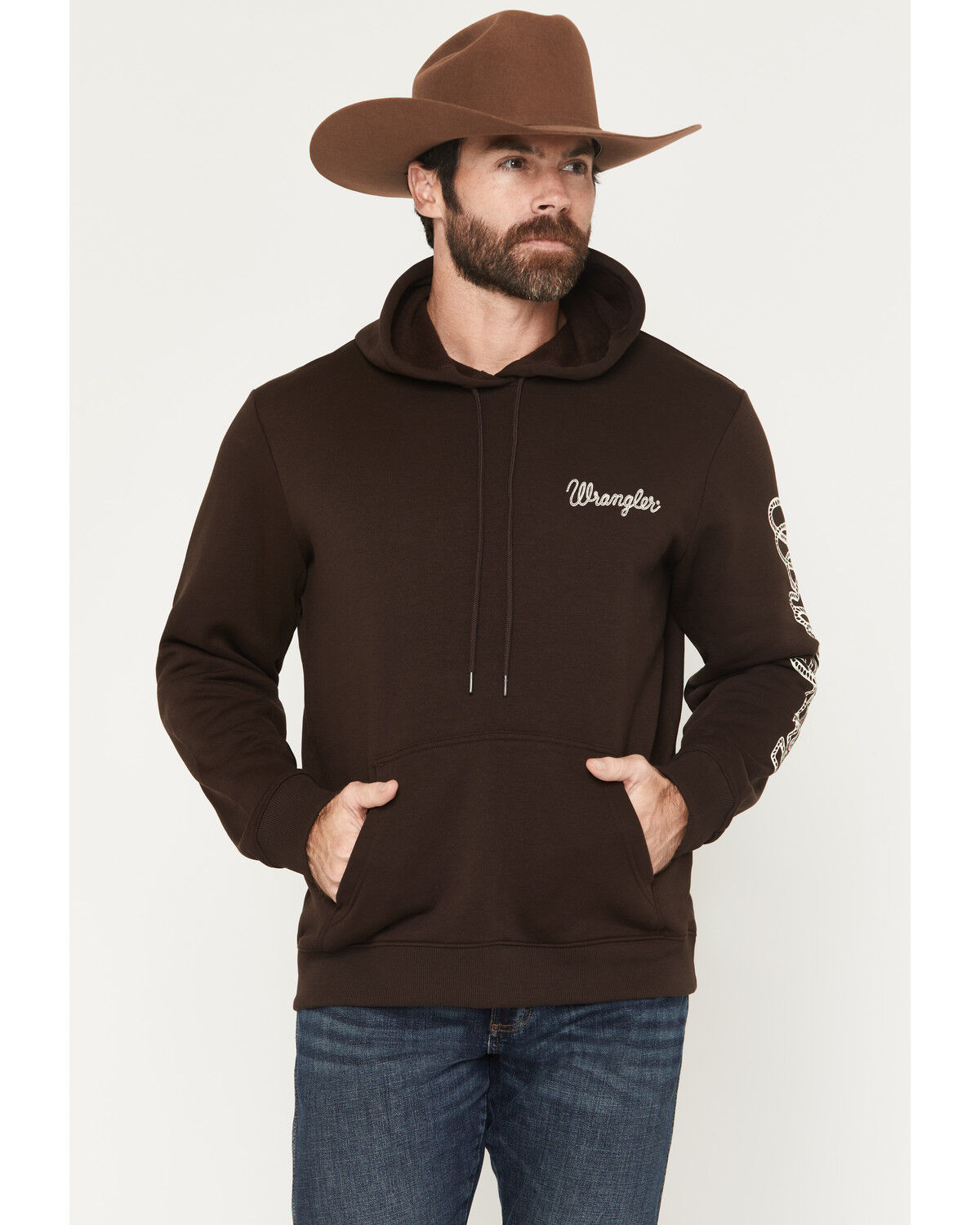 Image #1 - Wrangler Men's Rope Sleeve Logo Hooded Sweatshirt, Dark Brown, hi-res
