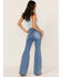 Flying Tomato Women's Light Wash High Rise Seamed Flare Jeans, Blue, hi-res