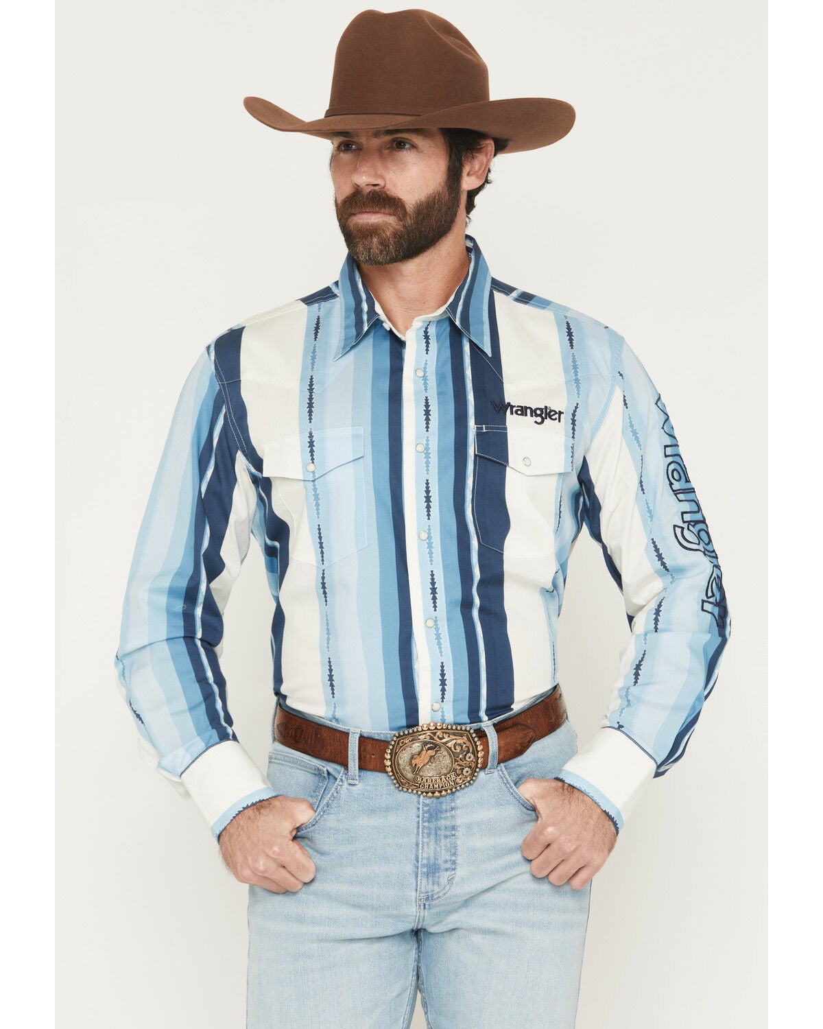 Wrangler Men's Logo Striped Long Sleeve Snap Western Shirt, Blue, hi-res