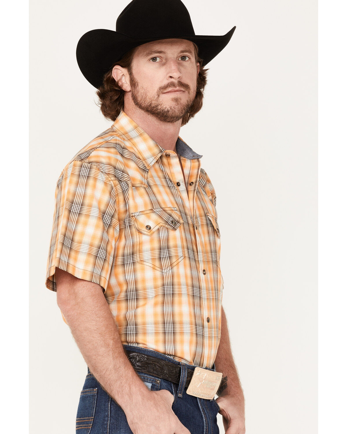 Image #2 - Cody James Men's Charro Large Plaid Snap Western Shirt, Gold, hi-res