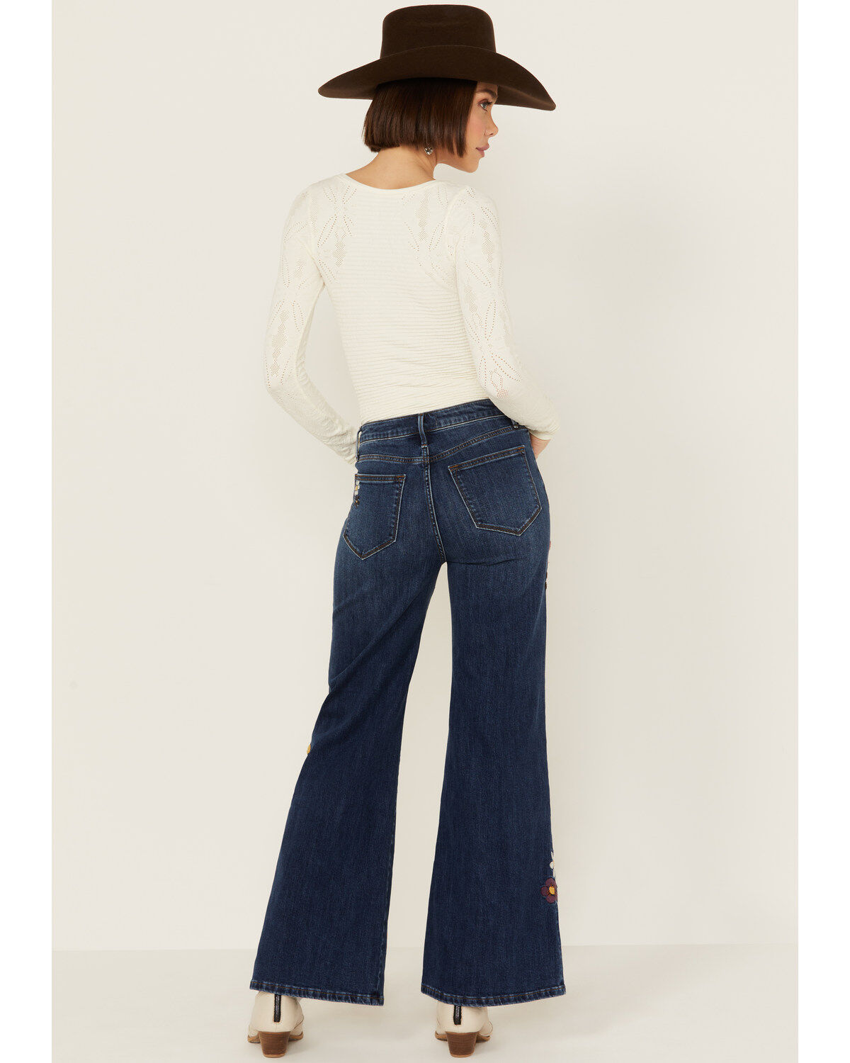 Image #3 - Driftwood Women's Mona X Boogie Nights Dark Wash High Rise Floral Embroidered Flare Stretch Denim Jeans, Medium Wash, hi-res