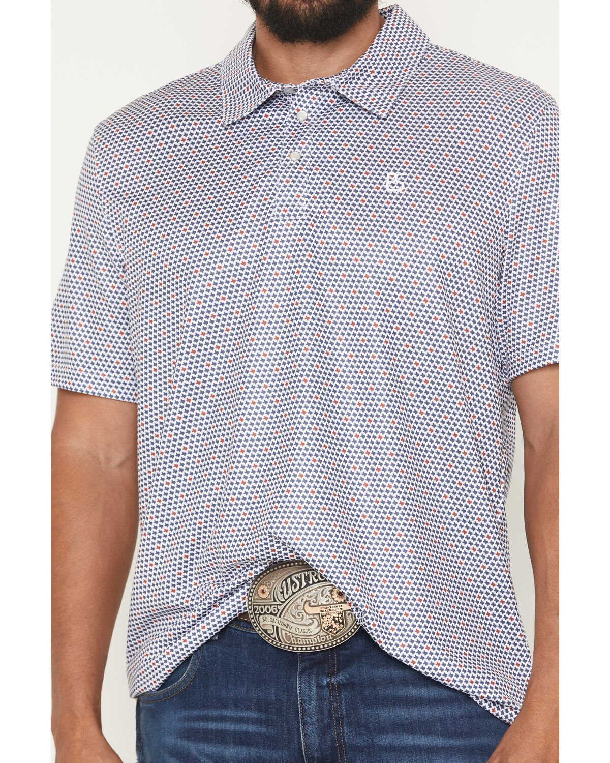 Image #3 - Panhandle Slim Men's Texas Print Short Sleeve Pearl Snap Performance Polo, Navy, hi-res