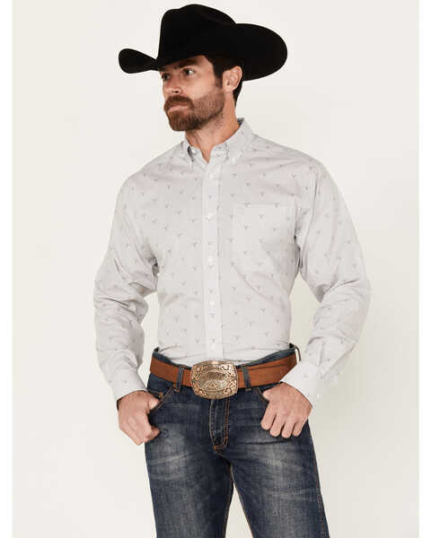 Ariat Men's Victory Striped Skull Print Long Sleeve Button-Down Western Shirt, Light Grey, hi-res