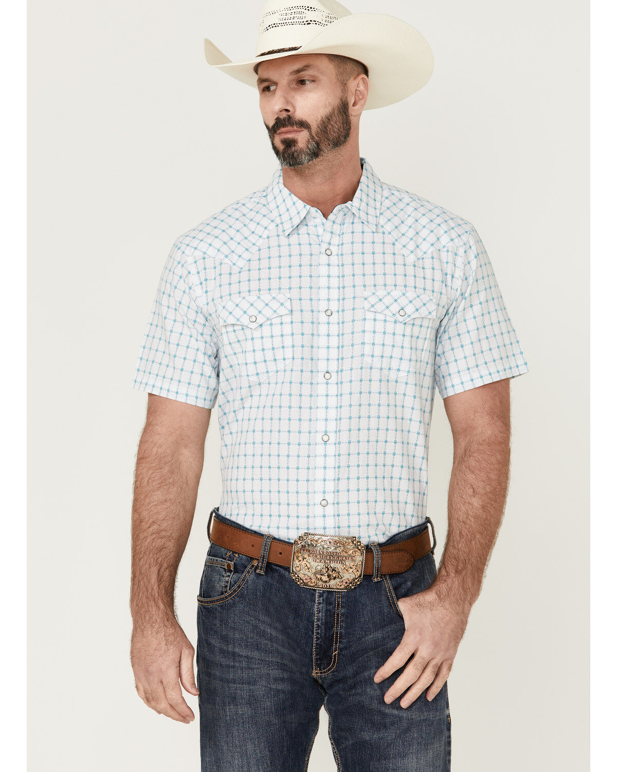 Image #1 - Moonshine Spirit Men's River Delta Small Plaid Short Sleeve Pearl Snap Western Shirt, Cream, hi-res