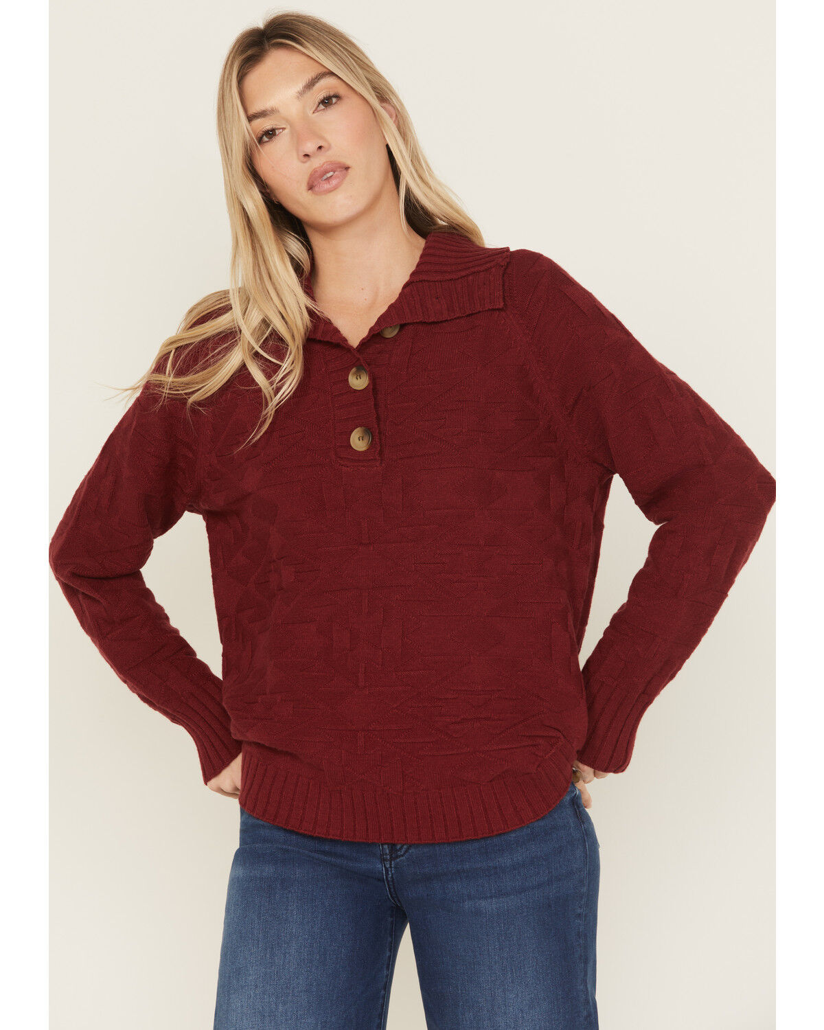 Image #1 - Ariat Women's 1/4 Button-Down Sweater, Burgundy, hi-res