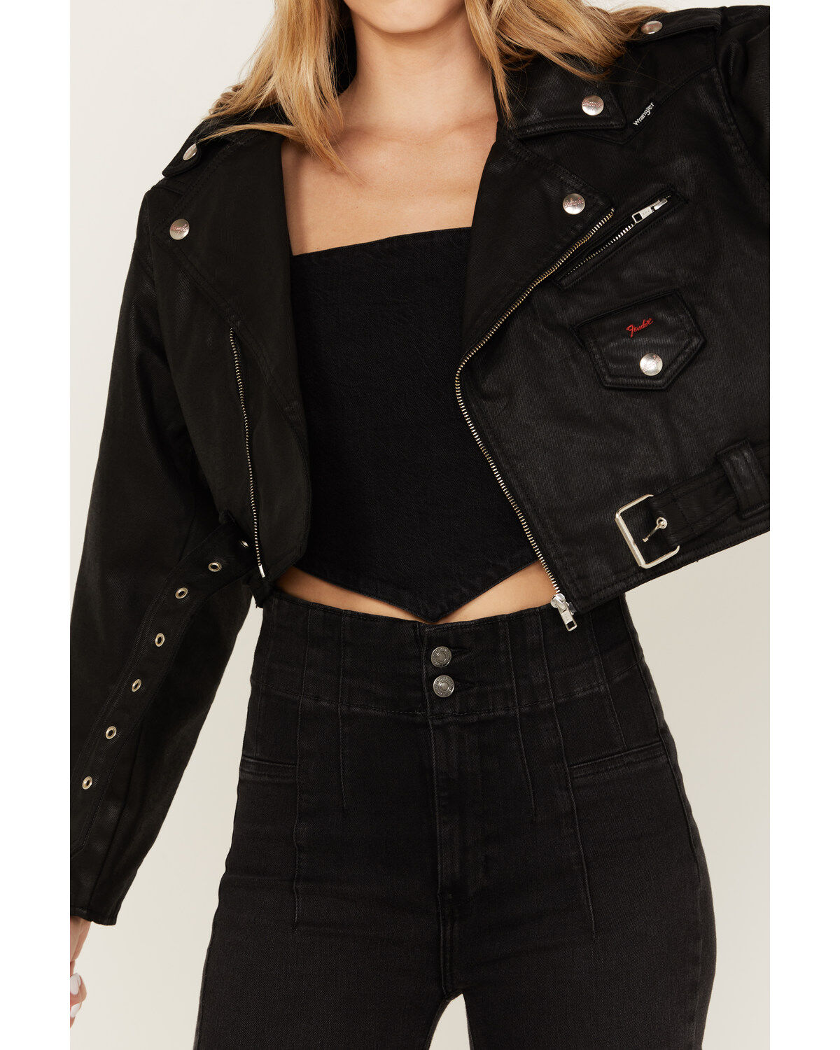 Image #3 - Wrangler X Fender Women's Cropped Moto Jacket, Black, hi-res