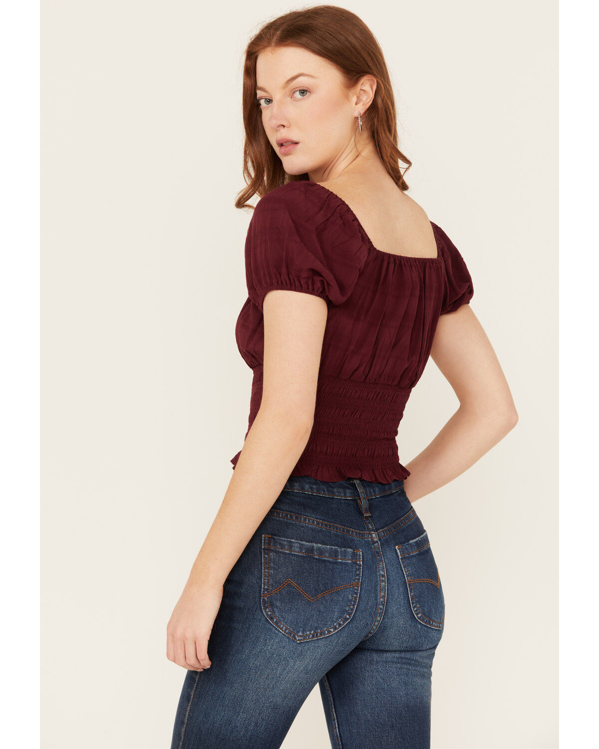 Image #5 - Shyanne Women's Puff Sleeve Smocked Bodice Top, Maroon, hi-res