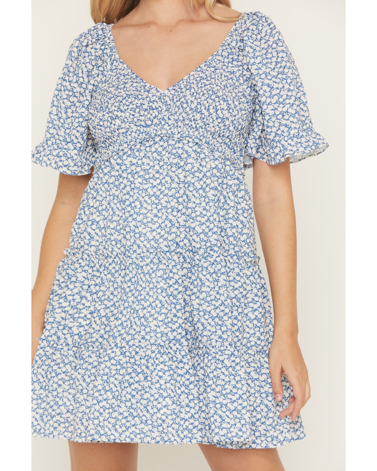 Product Name:  Yura Women's Boot Barn Exclusive Floral Print Smocked Front Tiered Mini Dress