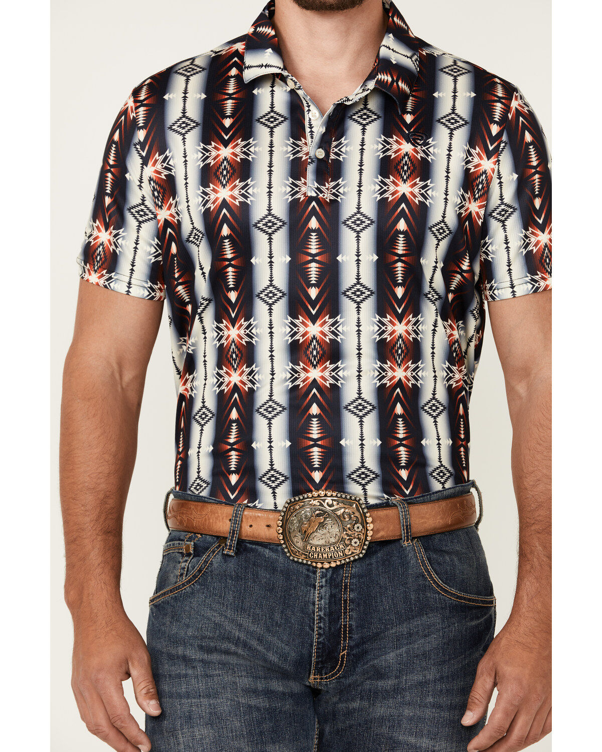 Image #3 - Rock & Roll Denim Men's Southwestern Print Short Sleeve Polo Shirt, Navy, hi-res