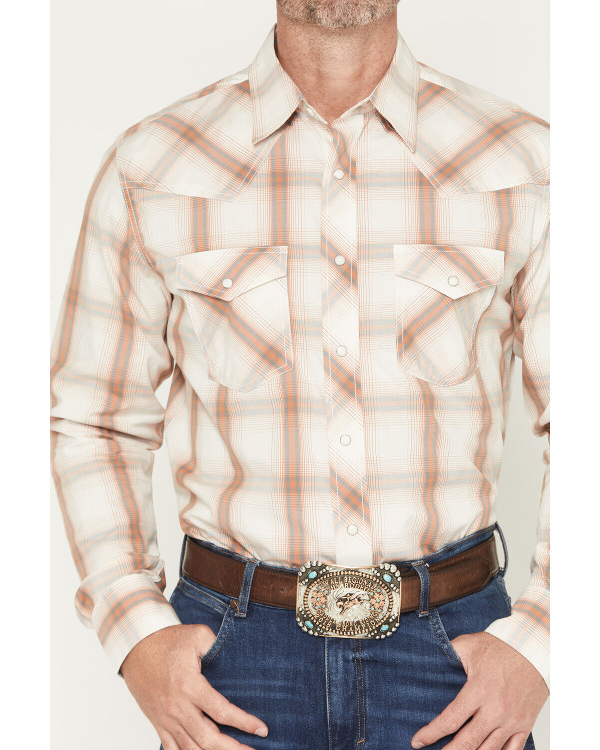 Image #3 - Wrangler 20X Men's Plaid Print Long Sleeve Snap Stretch Western Shirt, Cream, hi-res