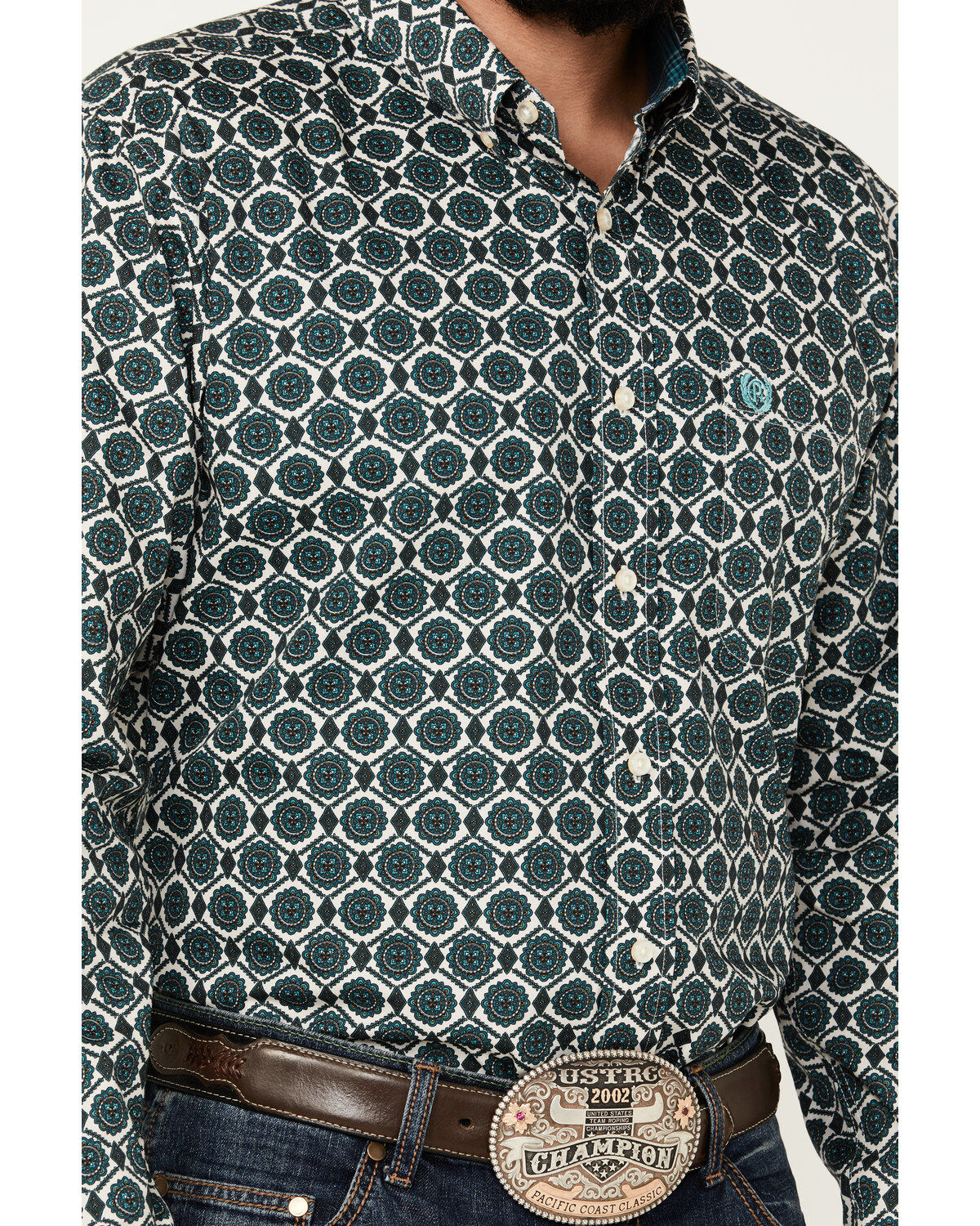 Image #3 - Panhandle Men's Select Medallion Long Sleeve Button-Down Western Shirt, Dark Green, hi-res