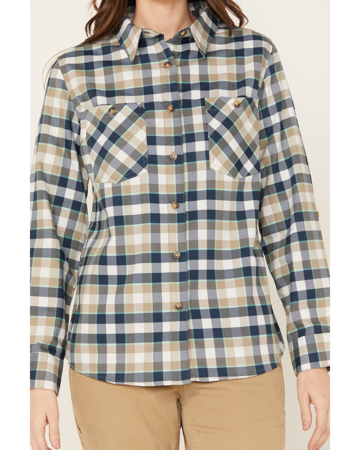 Image #3 - Wrangler Riggs Workwear Women's Plaid Print Long Sleeve Button Down Shirt, Tan, hi-res
