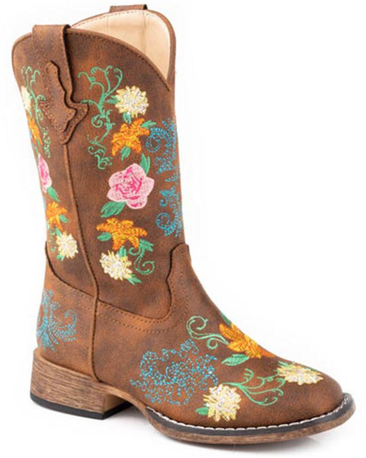 Roper Little Girls' Bailey Floral Western Boots - Broad Square Toe, Tan, hi-res