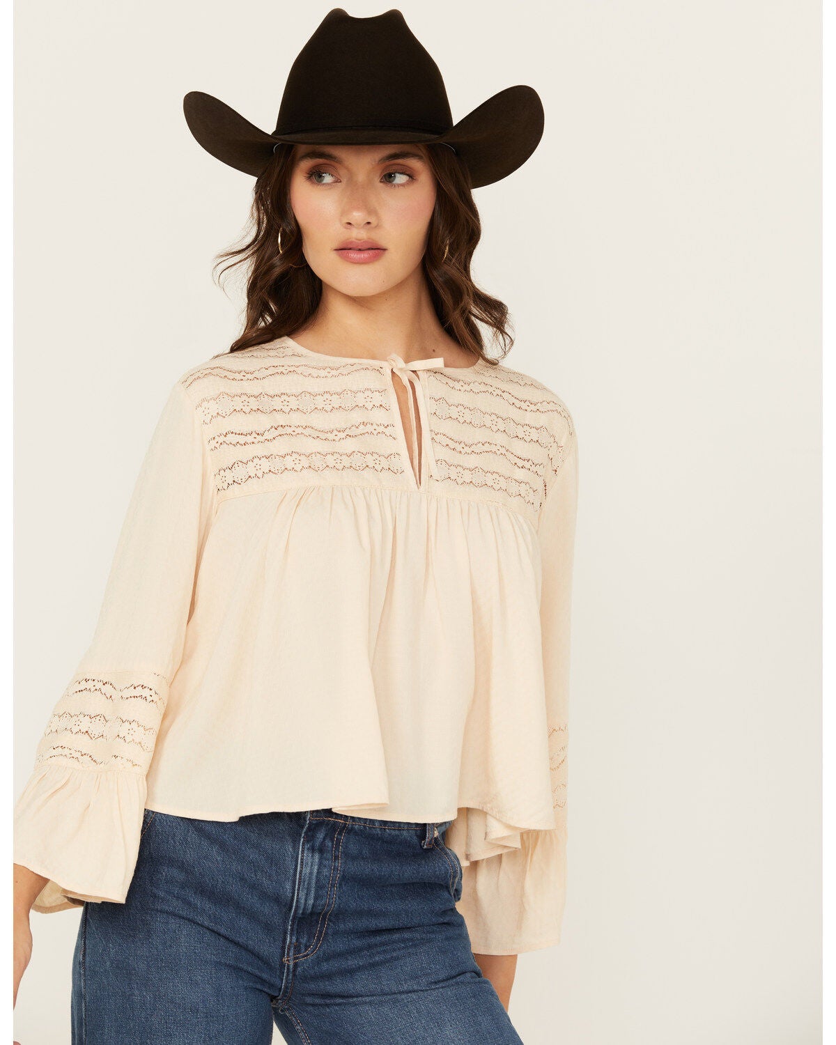 Cleo + Wolf Women's Lace Front Long Sleeve Peasant Top, Oatmeal, hi-res
