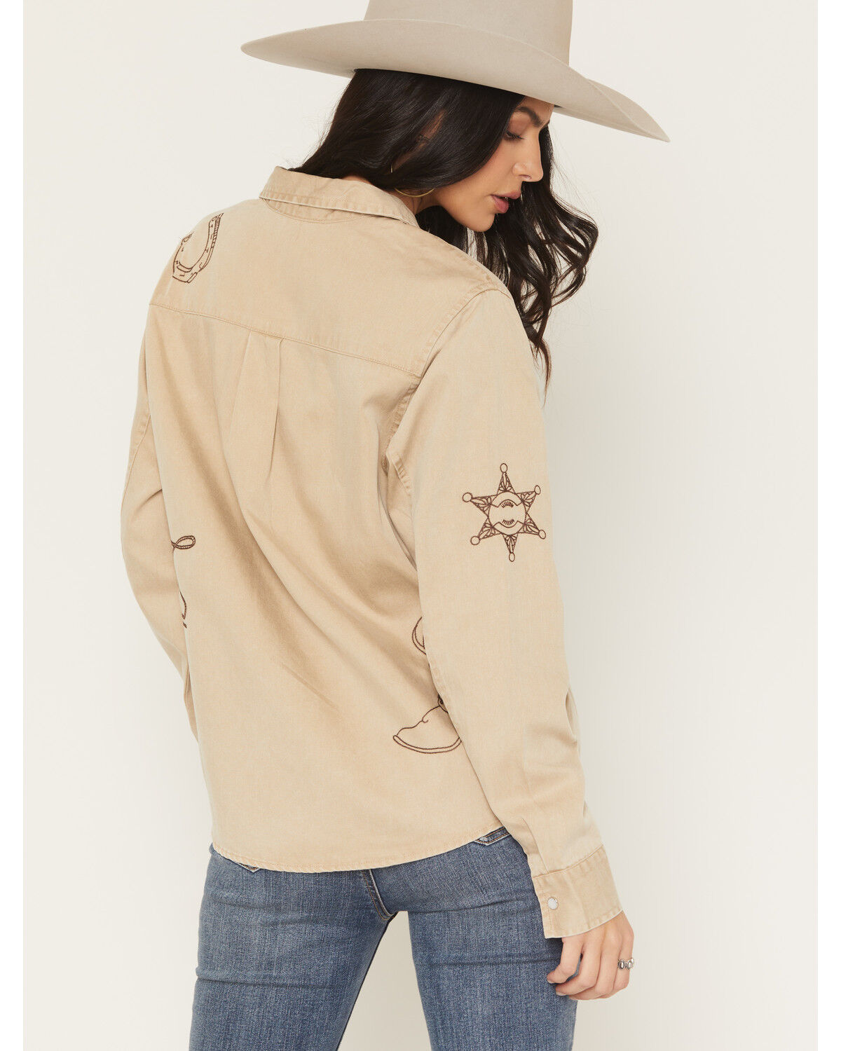 Image #4 - Blue B Women's Western Embroidered Long Sleeve Pearl Snap Western Shirt, Taupe, hi-res