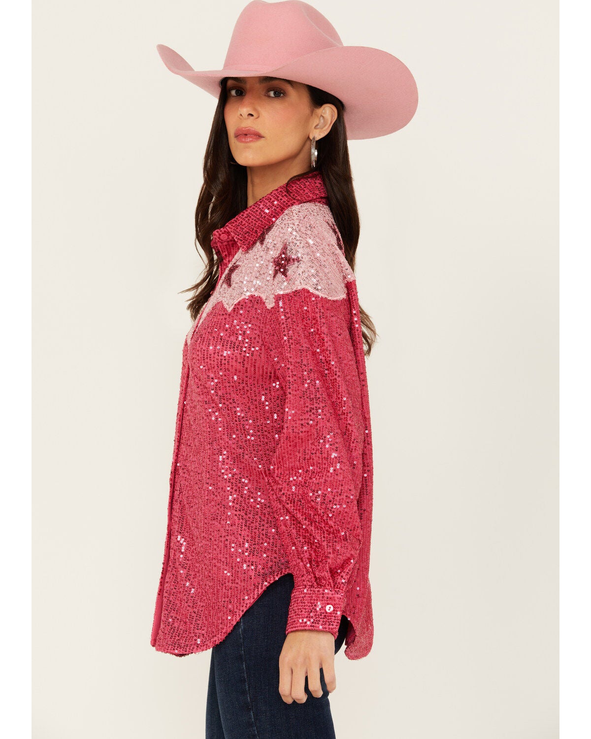 Image #3 - Mainstrip Women's Star Sequins Long Sleeve Button-Down Western Top, Pink, hi-res
