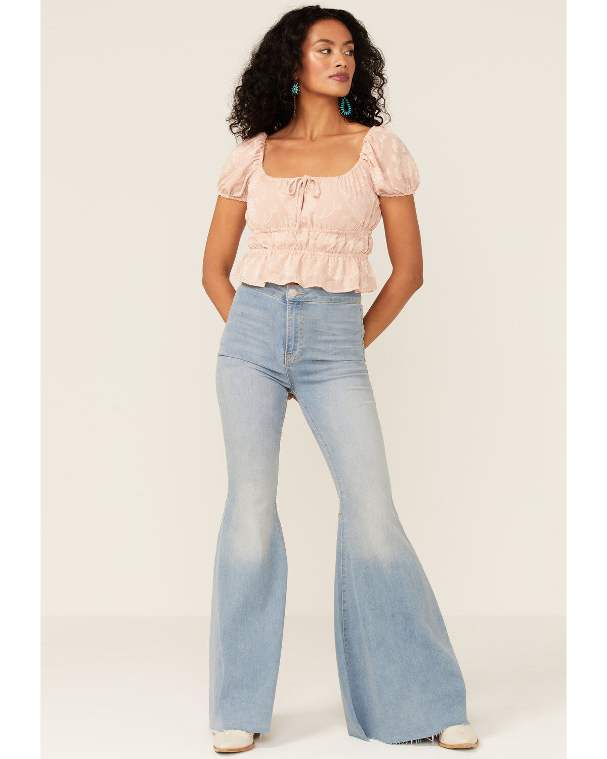 Image #4 - Jolt Women's Jacquard Crinkle Short Sleeve Peasant Crop Top, , hi-res
