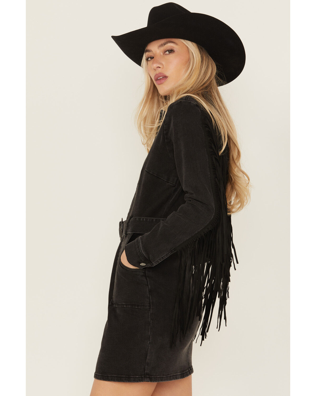 Image #2 - Idyllwind Women's Fringe Long Sleeve Stretch Denim Mini Dress, Black, hi-res