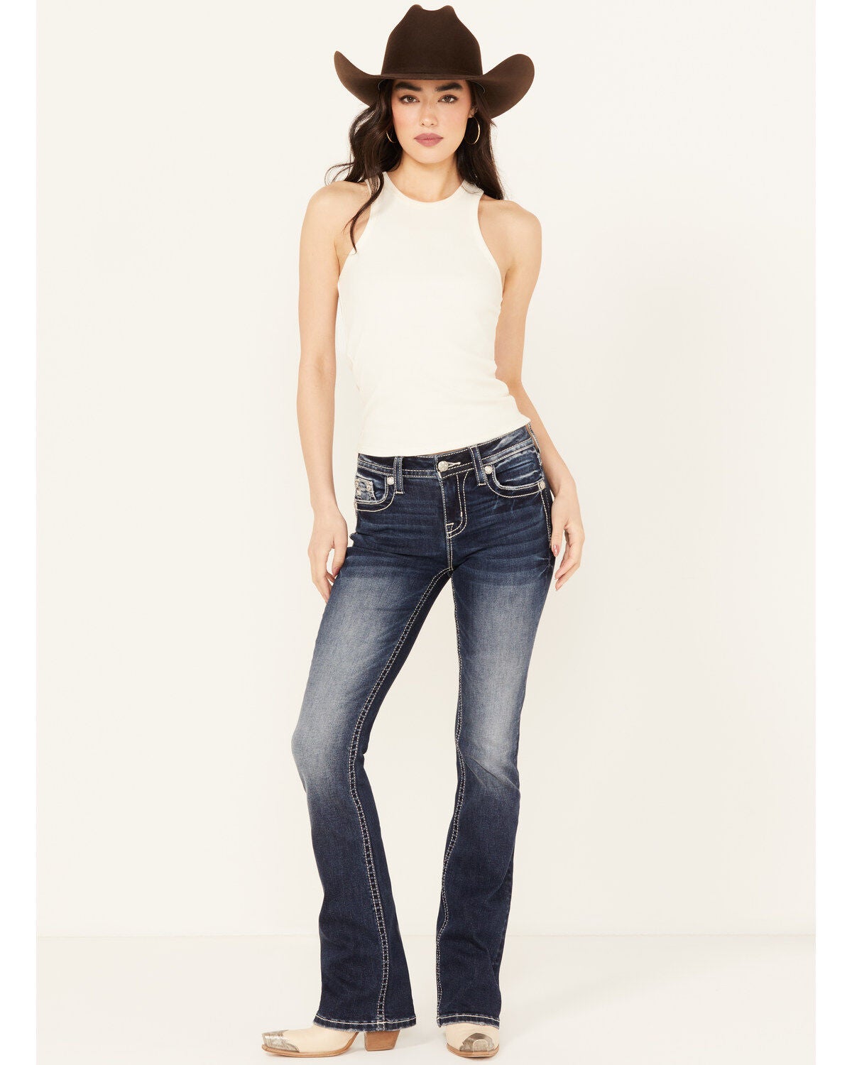 Image #3 - Miss Me Women's Dark Wash Mid Rise 34" Bootcut Stretch Denim Jeans, , hi-res