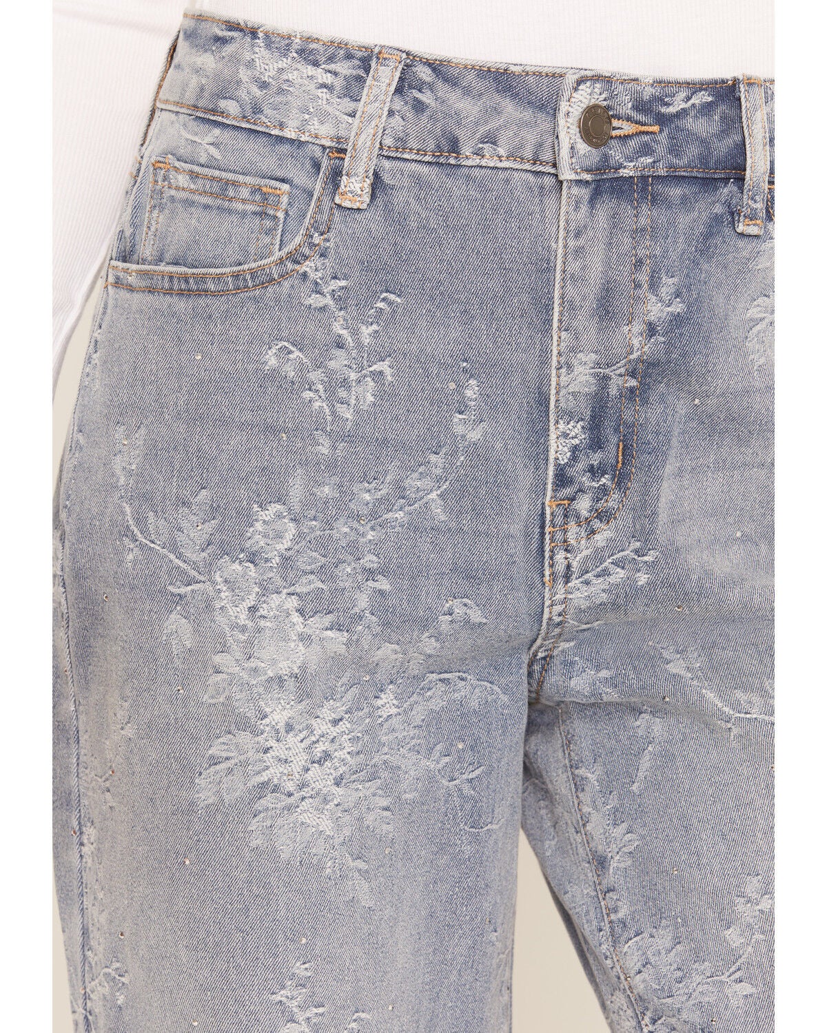 Image #2 - Cello Women's Light Wash High Rise Jacquard Rhinestone Embellished Wide Leg Stretch Denim Jeans, Light Wash, hi-res