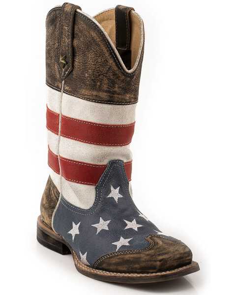 Roper Kid's Americana Flag Square Toe Western Boots, Brown, hi-res