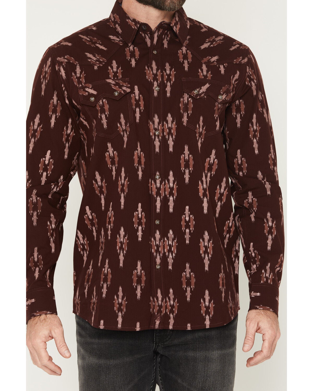 Image #3 - Moonshine Spirit&reg; Men's Burning Man Printed Long Sleeve Snap Western Print, Burgundy, hi-res