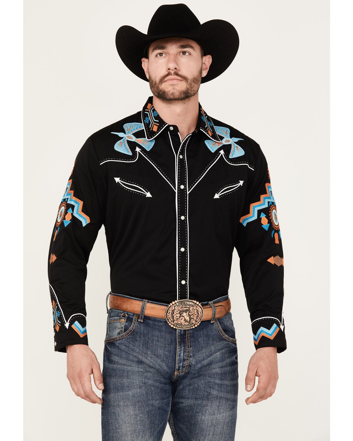 Scully Men's Phoenix Embroidered Retro Long Sleeve Western Shirt, Black, hi-res