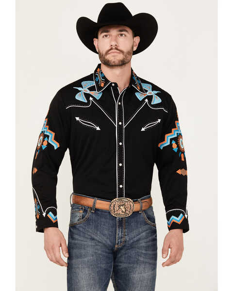 Scully Men's Phoenix Embroidered Retro Long Sleeve Western Shirt , Black, hi-res