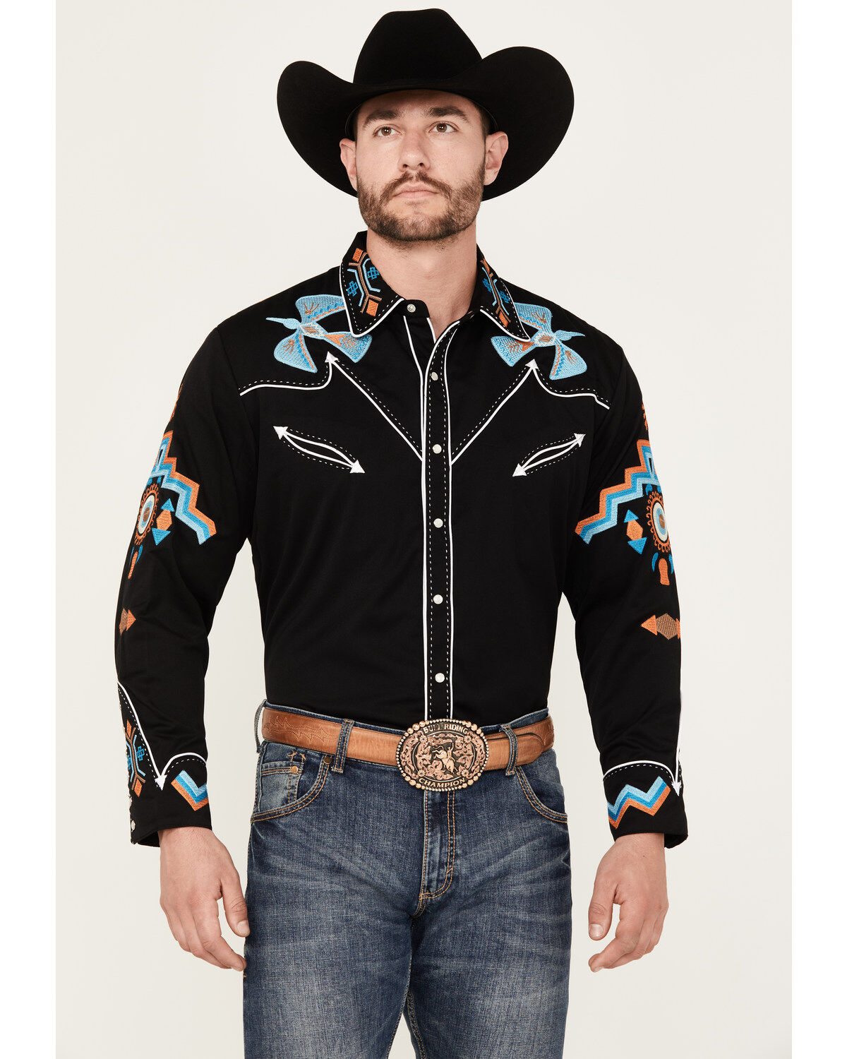 Image #1 - Scully Men's Phoenix Embroidered Retro Long Sleeve Western Shirt, , hi-res