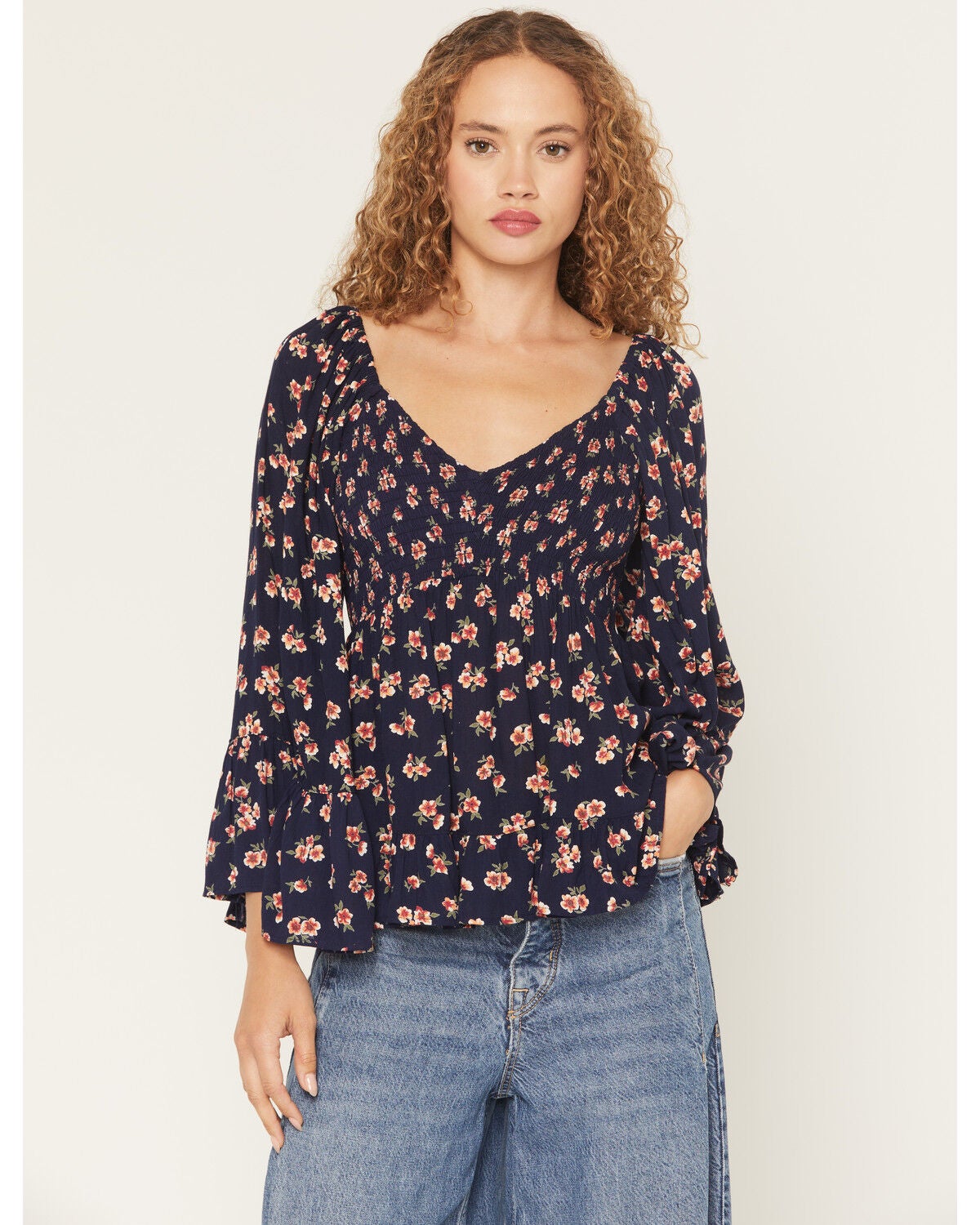 Angie Women's Floral Print Long Bell Sleeve Top, Navy, hi-res