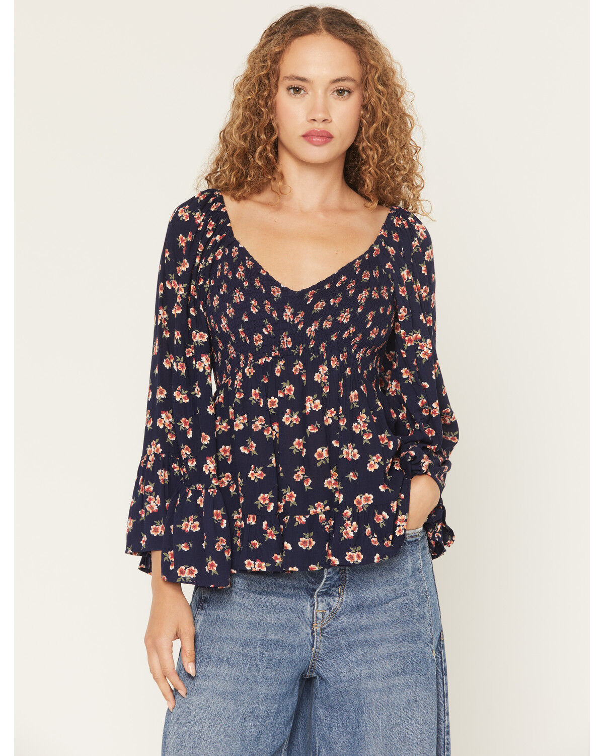 Image #1 - Angie Women's Floral Print Long Bell Sleeve Top, Navy, hi-res