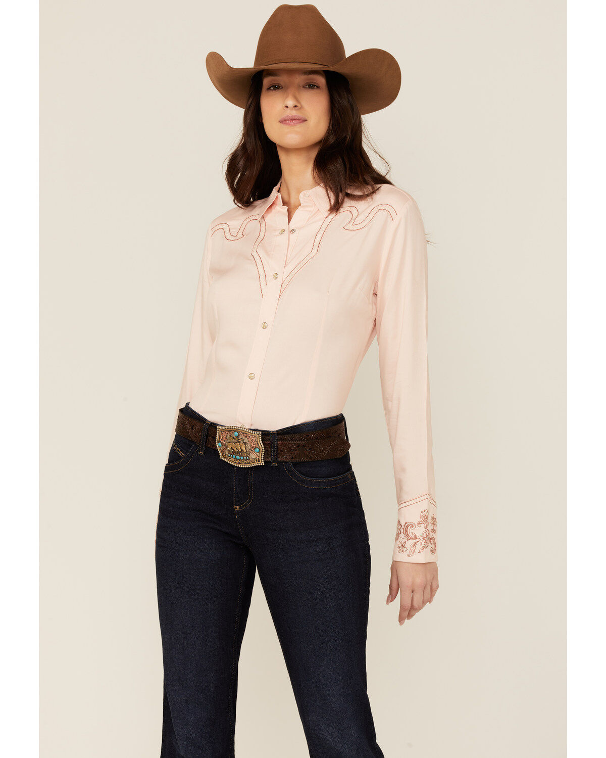 Image #1 - Wrangler Women's Pink Embroidered Cuff Western Snap Shirt, , hi-res