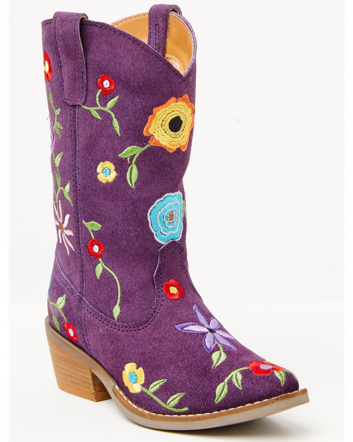 Image #1 - Dingo Girls' Flower Power Suede Western Boots - Snip Toe, Purple, hi-res