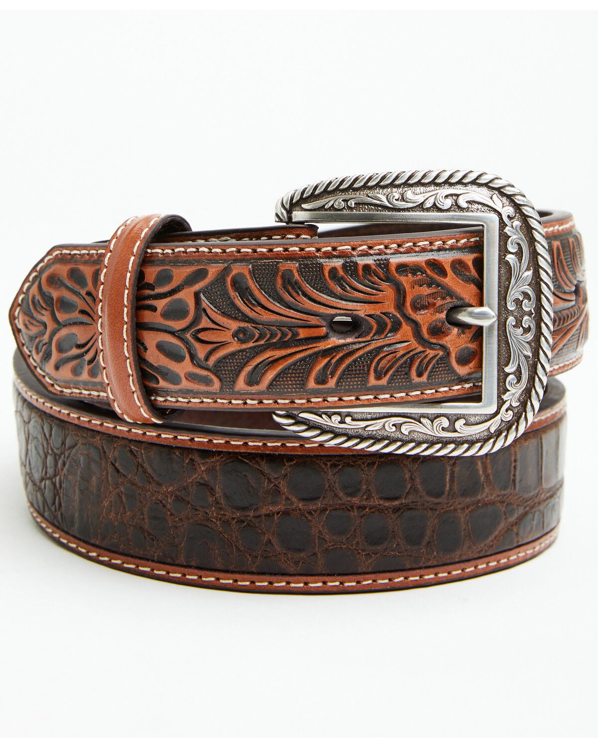 Ariat Men's Croc Floral Tabs Belt, Tan, hi-res