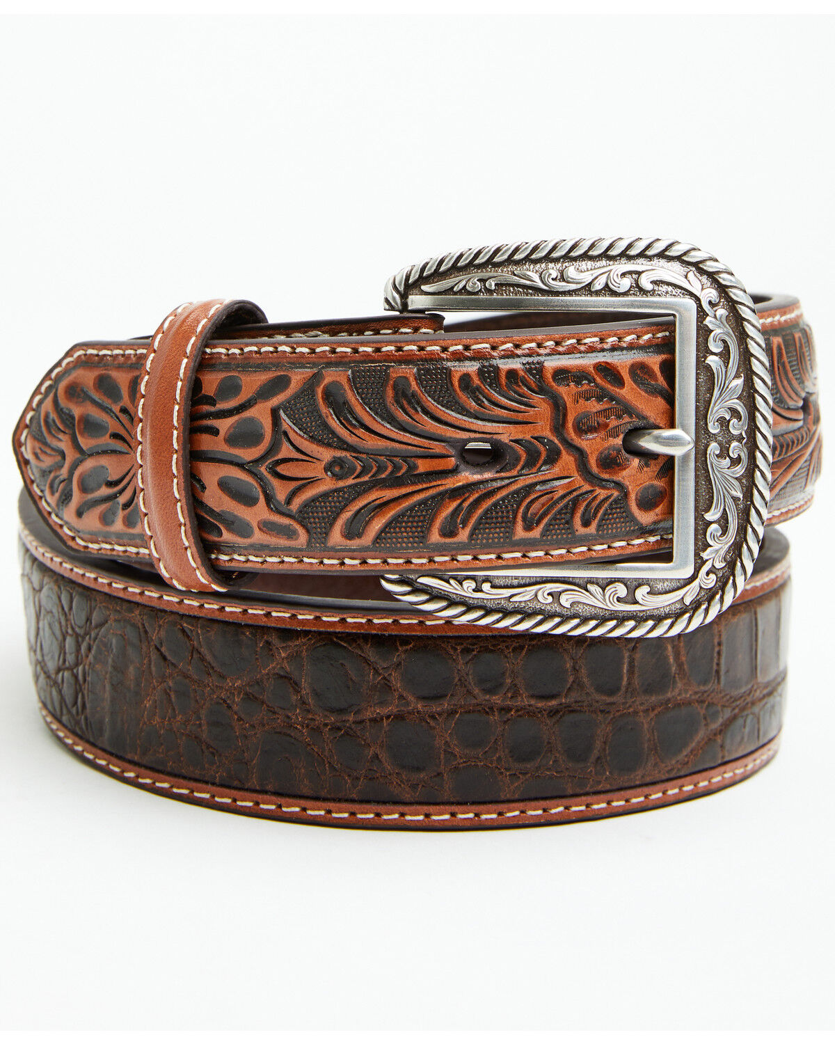Image #1 - Ariat Men's Croc Floral Tabs Belt, Tan, hi-res