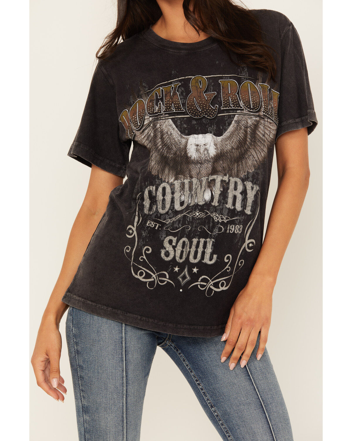 Image #3 - Idyllwind Women's Jennie Rhinestone Short Sleeve Graphic Tee, Black, hi-res