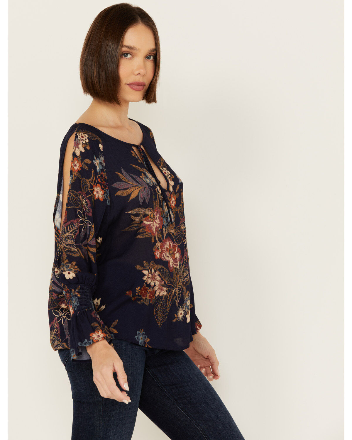 Image #2 - Wild Moss Women's Floral Printed Cold Shoulder Top, Dark Blue, hi-res