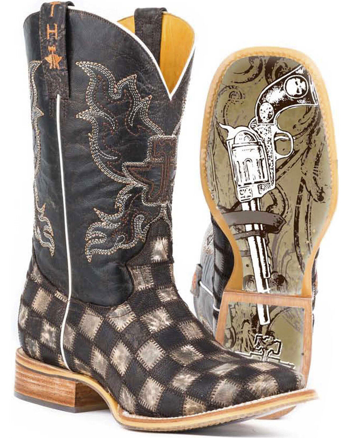 Image #1 - Tin Haul Men's Gun Metal Check Western Boots, Brown, hi-res