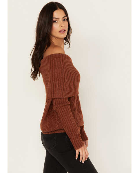 Image #3 - Shyanne Women's Off The Shoulder Cable Knit Sweater, Brown, hi-res