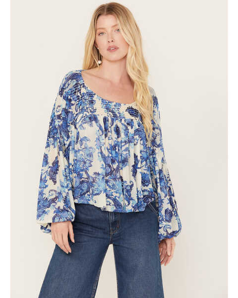 Free People Women's Up For Anything Western Shirt, Cream/blue, hi-res