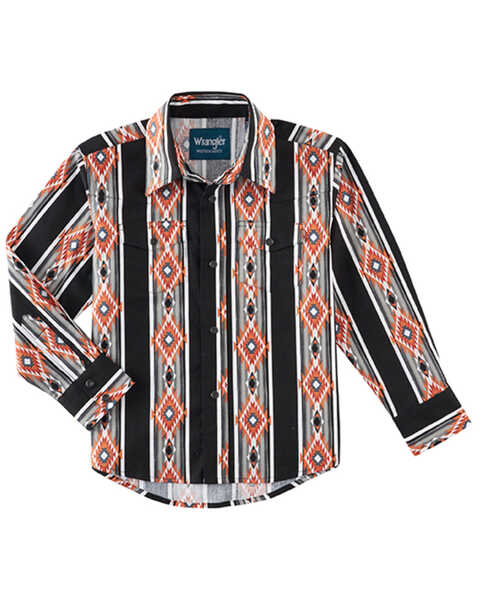 Wrangler Boys' Vertical Southwestern Print Long Sleeve Snap Shirt, Black, hi-res