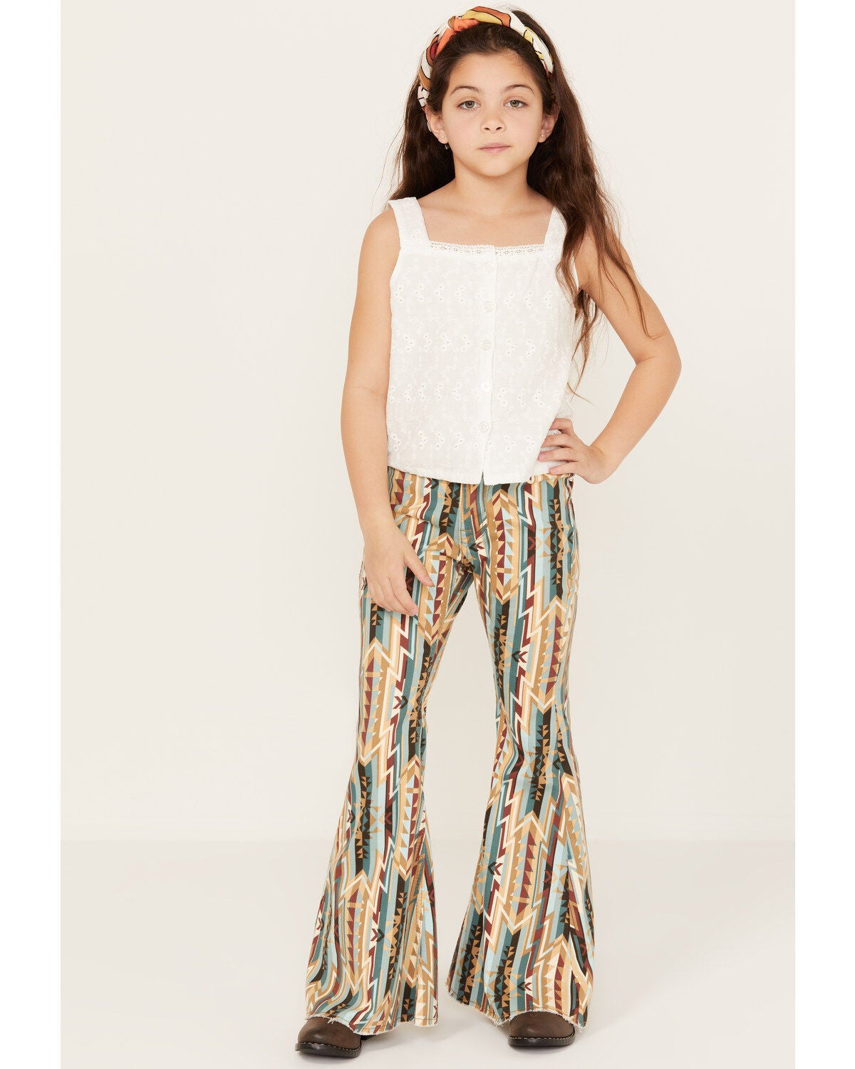 Rock & Roll Denim Girls' Southwestern Print Bargain Bell Flare Jeans, Tan, hi-res