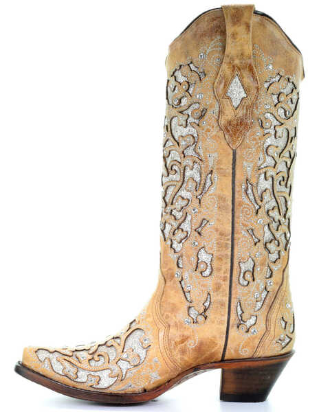 Image #3 - Corral Women's Glitter Floral Inlay Western Boots - Snip Toe, Beige/khaki, hi-res